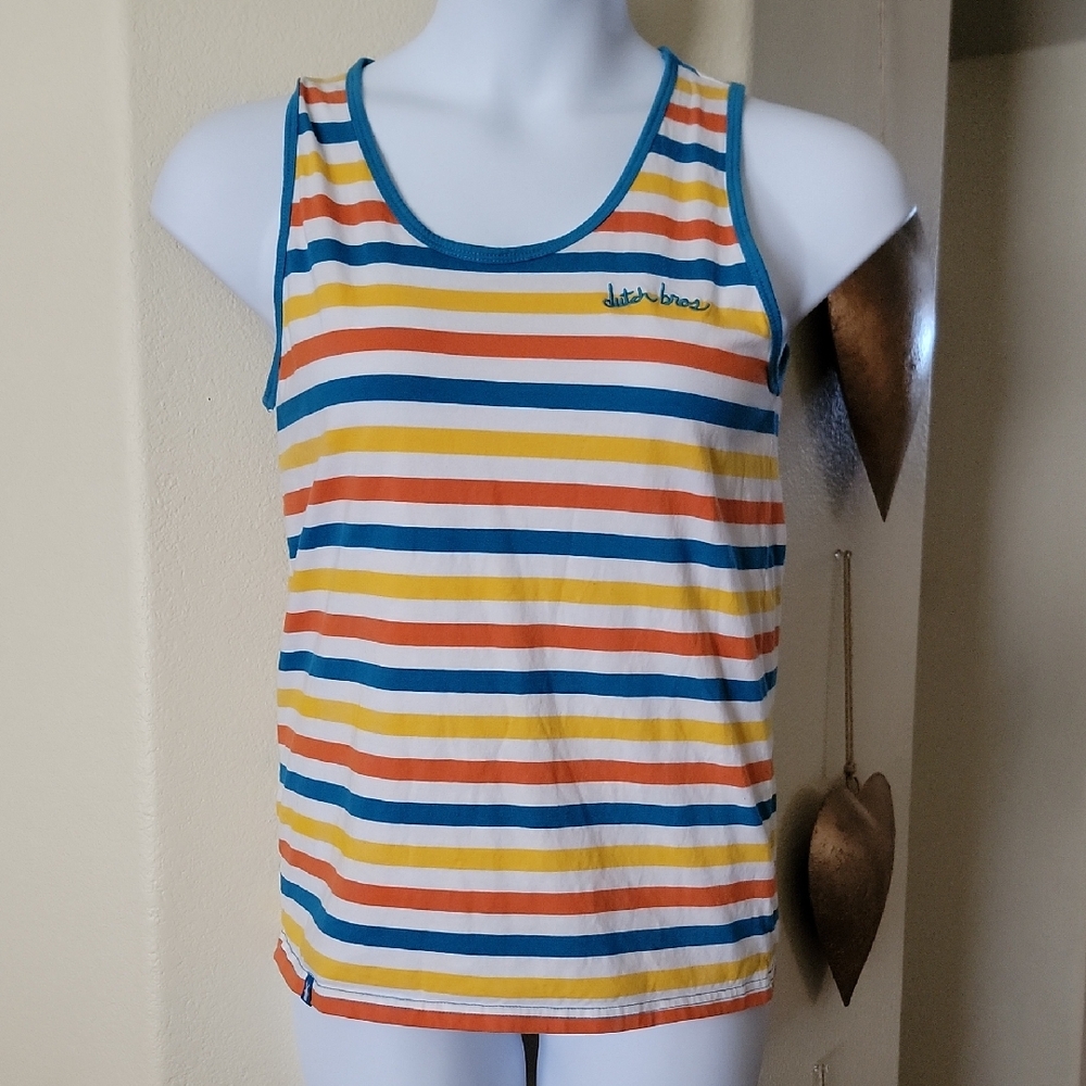 DUTCH BROS. COFFEE Striped Women' Tank Orange Blue Yellow Size L